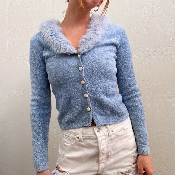 Vintage Sweaters Vintage 9sy2k Light Blue Faux Fur Collar Knit Cardigan Sweater Poshmark
